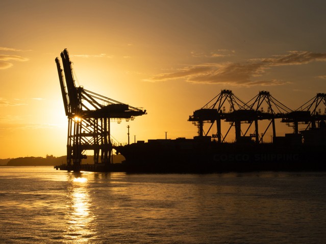 Port of Auckland from the water at sunset